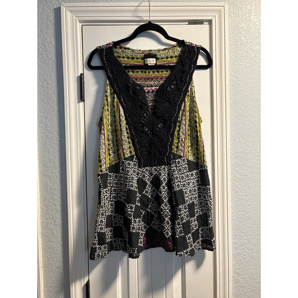Meadow Rue Sleeveless Top Women XL Multicolor Mixed Print Boho Crochet Trim